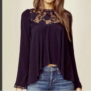 For Love and Lemons Ellery Blouse Bell Sleeve Embroidery Flowy Crepe Black Siz M